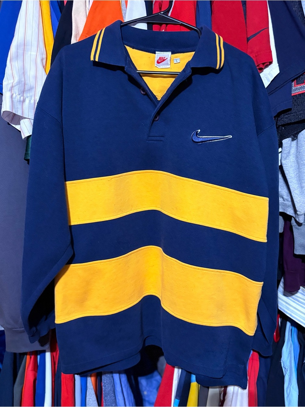 Nike vintage 80s USA made blue yellow colorblock rugby polo large 29”x26” GUC